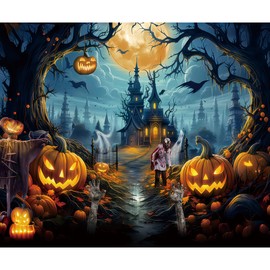 10x8ft Halloween Theme Backdrop, Dark Forest Scary Castle and Pumpkin Backdrop, Horrible Moon Night Photography Background for Halloween Party Decoration Supplies