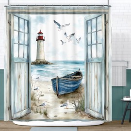 Coastal Beach Shower Curtain, Nautical Lighthouse Sailboat Ocean Seaside Seascape Shower Curtain Set, Rustic Barn Door Seashore Fabric Boho Shower Curtain for Bathroom 12 Hooks, 72"×72" Turquoise Teal
