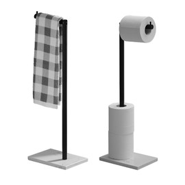 JOMANDAN 304 Stainless Steel Freestanding Toilet Paper Holder with Marble Base - Multi-Roll Capacity, No-Drill Installation, Bathroom Organizer for Compact Spaces (Black/White Marble)