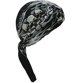 Headwrap Cap Hat Durag Doo RagDanbanna Deluxe Black Grey Skull Stacked Skulls Biker Sweatband