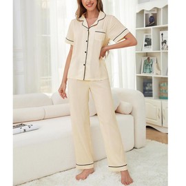 MAIABLEAU Pajama for Women Pj Set Two Piece Sleepwear Soft Loungewear Short Sleeve Top and Pants Outfits Set Beige XL