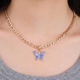Dervivea Boho Enamel Butterfly Pendent Necklace Blue Butterfly Wing Necklace Butterfly Choker Necklace Gold Figaro Chain Collar Necklace Jewelry for Women