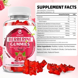 GrnLife Berberine Gummies with Ceylon Cinnamon 1500mg High Potency Berberine HCL Supplement for Immune and Metabolism Support, Sugar Free, Raspberry Flavor - 120 Count