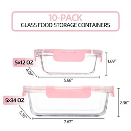 HAKEEMI 10 Pack Glass Food Storage Containers with Airtight Lids, Ideal for Meal Prep, Lunches - Microwave and Dishwasher Safe, Pink