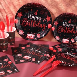 Vesici 171 Pcs Happy Birthday Party Supplies 24 Set Disposable Party Tableware include Plates Cups Napkins Cutlery and Banner Tablecloth Birthday Dinner Decorations for Men Woman(Black, Red)