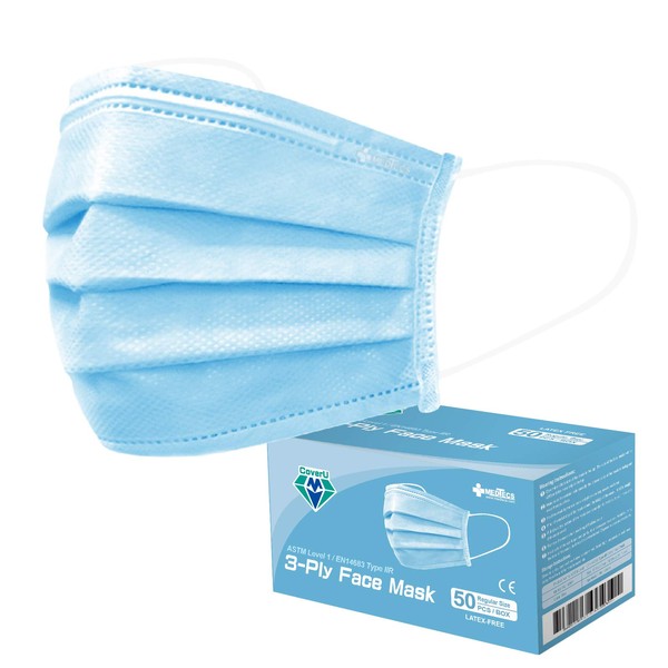 Medtecs Face Mask Disposable - 50/2000 PCS - Comfortable 3 Layer Breathable Mask, the Better Protection and Health Choice - CoverU Adult Mask - 50 PCS/Box - Blue