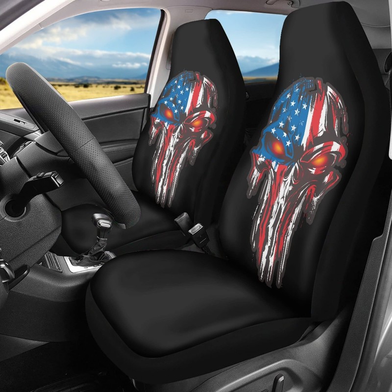 FEIONAGY American Flag Skull Patriotic 2pcs Car Seat Covers, Front