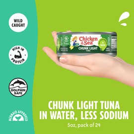 Chicken of the Sea Wild Caught Chunk Light Tuna, 5 Ounce Cans, 24-Count – High Protein 100% Classic Chunk Tuna in Water – Delicious, Easy, Nutritious Ready to Eat Meals, 25% Less Sodium