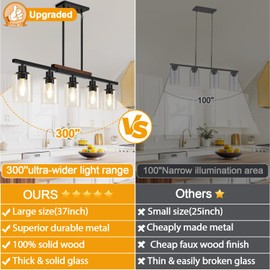 37" Farmhouse Dining Room Light Fixture Over Table, 5-Light Matte Black Wood Kitchen Island Lighting with Clear Glass Shade, Pendant Lights Linear Chandeliers for Dining Room Kitchen Island