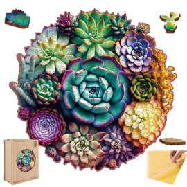 Mys Aurora Wooden Jigsaw Puzzles - Mandala Succulent Plants, 200 Piece Luxurious Shaped Wooden Puzzles for Adults and Kids, Family Game, Medium 11.3'' x 10.9''