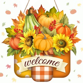 Pumpkin Welcome Door Sign Decor Hello Fall Door Sign Autumn Hanging Sign Wooden Fall Hanging Sign Rustic Fall Wreaths Plaque Door Hanger for Outdoor Porch Home 12 Inch