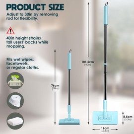 Mini Sweeper Mop, 40”H, 360° Rotating Mini Mop with Squeegee, Flat Dust Mops for Wall,Bathroom, Windows, Mirror,Corners,Mess-Free Cloth Change