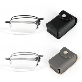 DXYXYO 2 Pack Folding Reading Glasses Small Pocket, Portable Metal Half Frame Readers with Blue Light Blocking, 2.0 Black+Grey