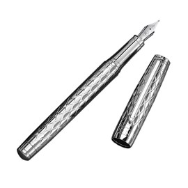 Webson Gill ‘The Mirror’ Silver Luxury Executive Fountain Pen, Woven Chrome Finish, Medium Nib, Smudge Free, No Bleed, Use Any Fountain Ink with Included Converter, Fits Cartridges (sold separately)