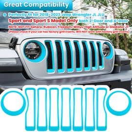 Front Grille Mesh Inserts & Headlight Cover for Jeep Wrangler JL JLU Sport & Sport S Only 2018-2023 Exterior Accessories Clip-in Grille Guard Cover Headlight Bezels Trim Ring (Light Blue 9PCS)