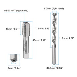 sourcing map Tap & Drill Bit Set, 1pcs 1/8-27 NPT Straight Flute Thread Taps and 1pcs 8.3mm Twist Drill Bits, HSS6542 Screw Tapping Threading Tools