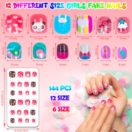 144 Pieces Fake Nails for Kids Girls Artificial Kids Press on Nails Full Cover Short Acrylic Stick On Nails False Nail Tips Kit for Children Little Girls Nail Art Decoration (Cute Animal)