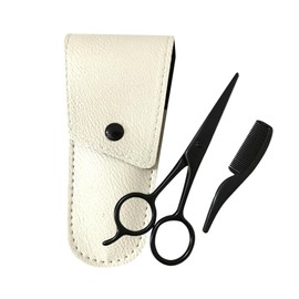 WOONEKY Professional Beard Care Kit 3PCS Mustache and Beard Trimming Scissors Black Scissors Apricot Leather Small Comb