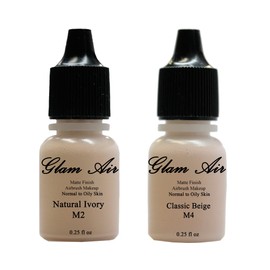 Airbrush Makeup Foundation Matte M2 Natural Ivory and M4 Classic Beige Water-based Makeup Long Lasting All Day Without Smearing Running, Fading or Caking 0.25 Oz Bottle By Glam Air