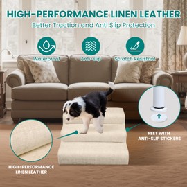 Dog Stairs for Bed & Couch, 19.7" Extra Wide Dog Steps, 3-Step Non-Slip Pet Stairs for Dogs & Cats, Adjustable Dog Steps for up to 150 lbs, Linen Faux Leather, Adjustable Height from 11.8" to 14.6"