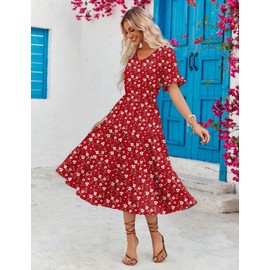 Zeagoo Womens Summer A-Line Dress with Pockets Midi Short Sleeve Dresses Flowy Beach Swing Dress 2025 Vacation Travel Red Floral