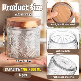 Suclain 6 Pcs 17 OZ Vintage Glass Jar with Acacia Wood Lids Airtight Glass Storage Canisters Kitchen Spice Jars Food Storage Containers for Pantry Coffee Grains Tea Sugar Flour(Leaf)