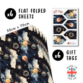 CENTRAL 23 Outer Space Wrapping Paper - 6 Sheets Of Birthday Gift Wrap With Tags - Sun Moon Star Planet - Galaxy Wrapping Paper For Men Women Kids - Comes With Stickers