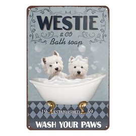 Pzecaru - Cartel de metal clásico Westie - Jabón de baño para perro, letrero de estaño, decoración de pared, placa retro para gimnasio, hogar, oficina, club, bar, cocina, recámara, 8 x 12 pulgadas