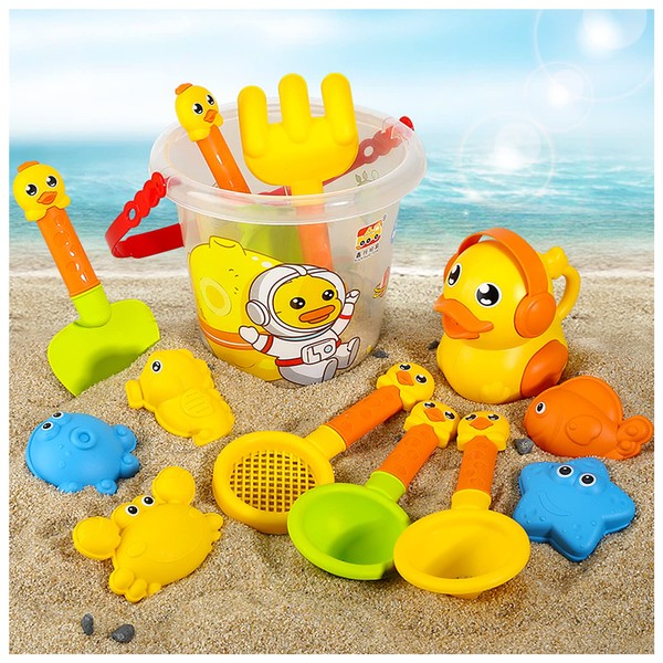CHENKEE Beach Sand Toy Set, 14-Piece Sandpit Toy Set with Sand Moulds, Bucket, Shovels, Watering Can, Sand Toy Set for Children