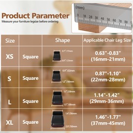 16Pcs Square Chair Leg Floor Protectors with Thickened Felt Pads Silicone Chair Leg Covers Caps to Protect Hardwood Tile Floors Furniture Feet Reduce Noise (Black S Fit 0.87"-1.10")