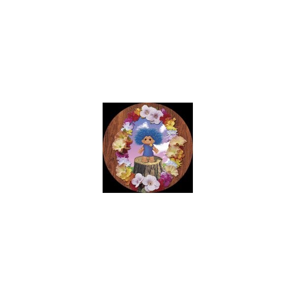 Trolls Blue Troll On Stump With Flowers Button TB1854