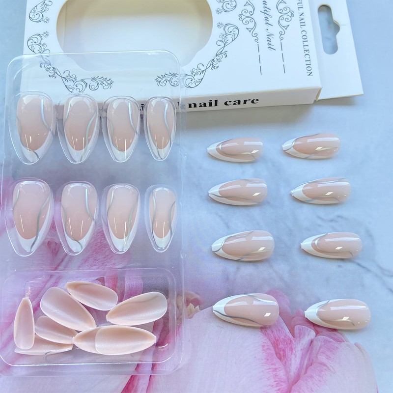 White French Tip Medium Almond Press On Glossy Silver Wavy