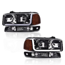 ALLGOOD Led Drl Headlights, Compatible with 1999-2007 Gmc Sierra 1500/1999-2006 GMC Yukon XL 1500 2500 Black Clear Headlights W/Bumper Signal Lamps（Clear lens Black Housing Amber Reflector）