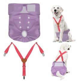 JUDIXY Reusable Dog Diapers Female Pack, One Large Washable Dog Diapers Female and One Dog Diaper Suspender, for Dog Period (Lavender L)