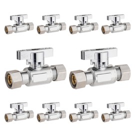 10-Pack Quarter Turn Straight Stop Valve 3/8" Female Comp x 3/8" OD Comp - Retrofit, ¼ Turn Water Shut Off Valve Chrome Plated Brass by D.N.