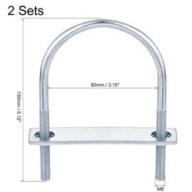 sourcing map Set of 2 M8 round U-bolts, U-bolts, U-bolts, steel 80 mm, inner width 130 mm, length with nut frame and fasteners