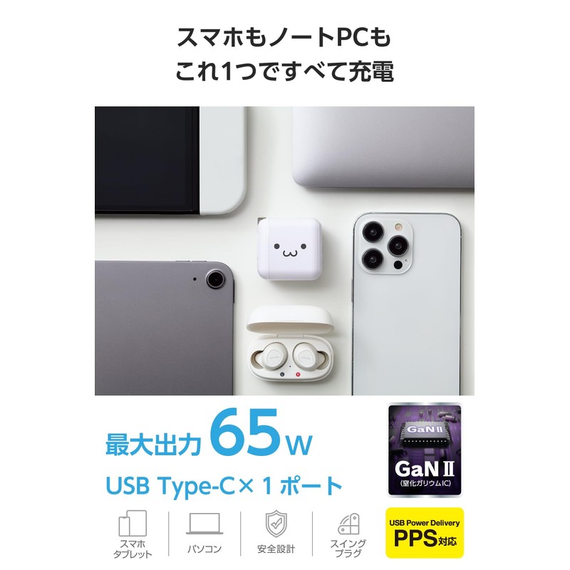 Elecom EC-AC8565WF Charger, 65 W, USB PD Compatible, Small, Type-C