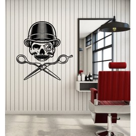Vinyl Wall Decal Barber Shop Man Hair Salon Scissors Skull Bones Stickers Mural Large Decor (g7469) Black