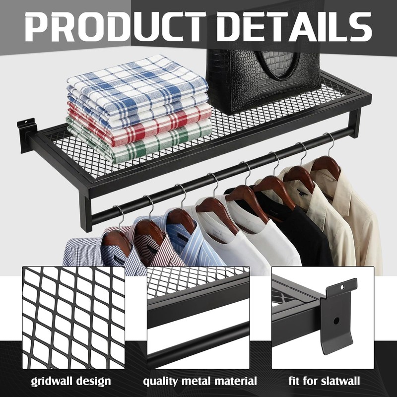 Fiwochic 2 Pcs Black Slatwall Shelf Clothes Rack with Grid
