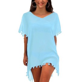 Heynino Womens Bathing Suit Beach Cover Up Tassel Kaftan Loose Blouse Tops Light Blue