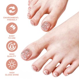 French Tip False Toenails - 24PCS Nude Short Square Toe Nails With Flower Rhinestones - Glitter Glossy Fake Toe Nails - Acrylic Full Cover Stick On Toenails Summer For Women And Girls Daily Nail Art
