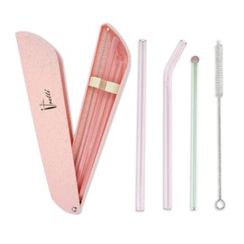 Ipretti Reusable Glass Drinking Straws with Travel Case Package,Size 8"x 8 MM,Food Grade Glass Straws for Smoothies,Beverages,Milk Shake,Juices,Tea (Pink)