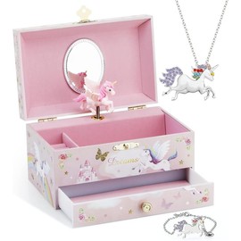 Musical  Box with Big Drawer and zirconia stones  Set with Spinning Unicorn and Glitter Rainbow Butterfly  - Over the Waves Tune Pink - Color: Ballerina