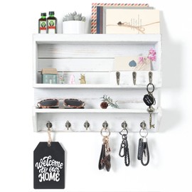Paulownia Wood White Plus Wall Key and Mail Rack for Rustic Home Decor