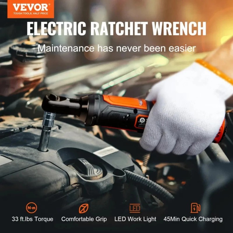 VEVOR 3/8" Cordless Electric Ratchet Wrench Set, 12V 33 Ft-lbs