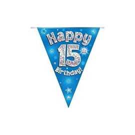 OAKTREE UK 631281 Party Bunting Happy 15th Birthday Blue Holographic 11 Flags 3.9m