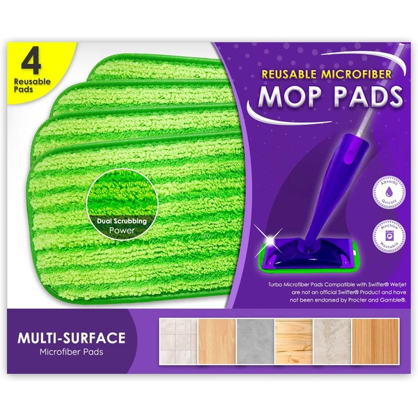 Reusable Mop Pads Compatible with Swiffer WetJet - Washable Microfiber Mop Pad Refills by Turbo - 12 Inch Floor Cleaning Pads Compatible with Wet Jet Mop Heads - 4 Pack