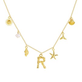 SLOONG Initial Charm Necklace 14K Gold Plated Letter Neckalce Freshwater Pearl Necklace Choker Boho Summer Seashell Beach Starfish Surfer Jewelry Gifts for Women R
