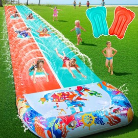 46FT Double Slip and Water Slides for Kids Adults Backyard, Extra Long Lawn Water Slides with 2 Bodyboards, Heavy Duty, Giant Inflatable Water Slip Toys with Crash Pad for Summer Outdoor Party