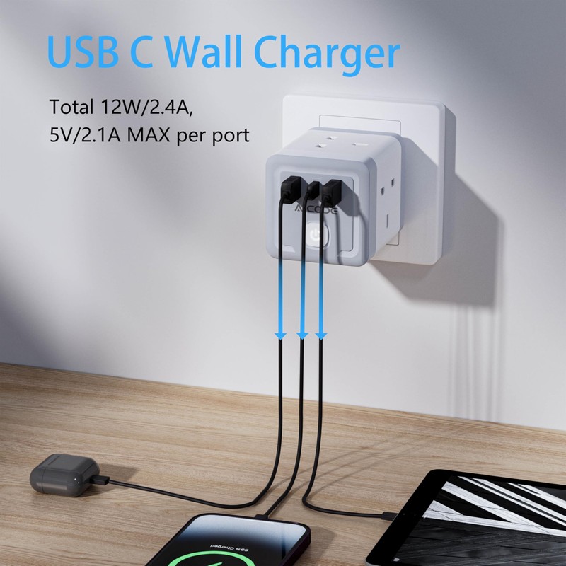 Multi Plug Adapter with 3 USB, AICODE 4 Way Multi